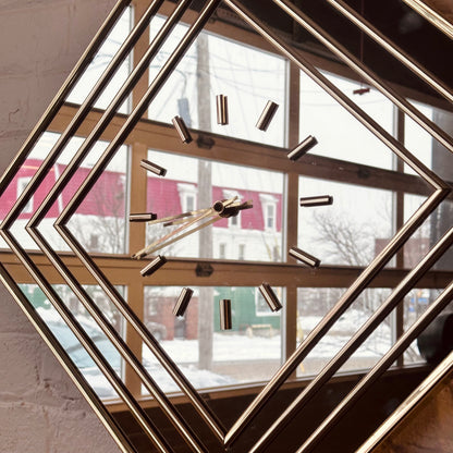 BRASS AND MIRROR DIAMOND WALL CLOCK