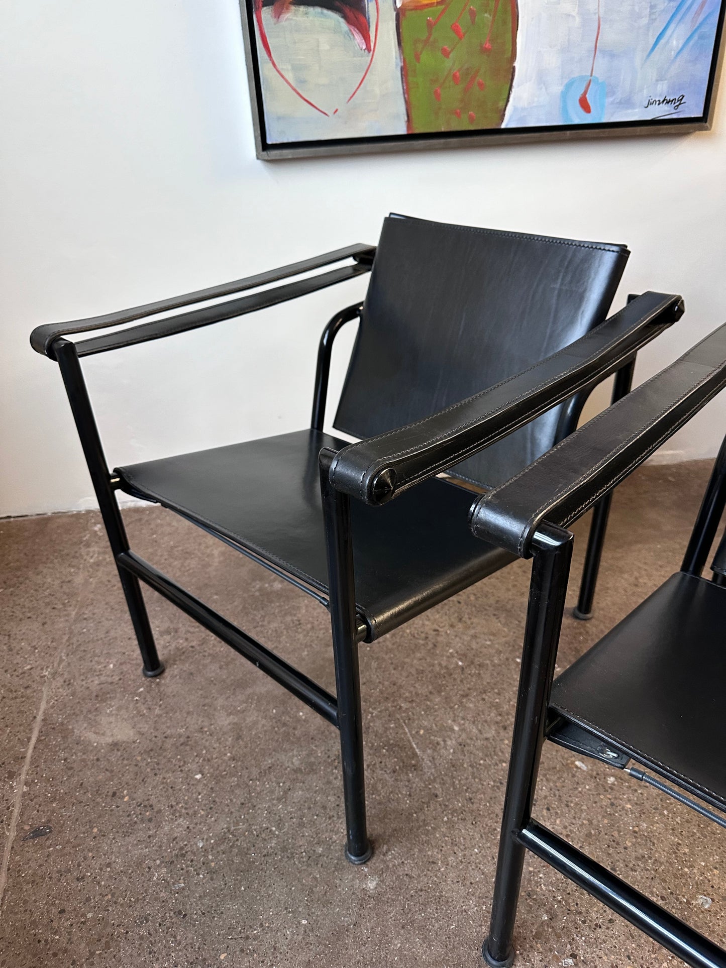 SET OF 2 LE COURBUSIER LC1 BLACK SLING CHAIRS BY CASSINA