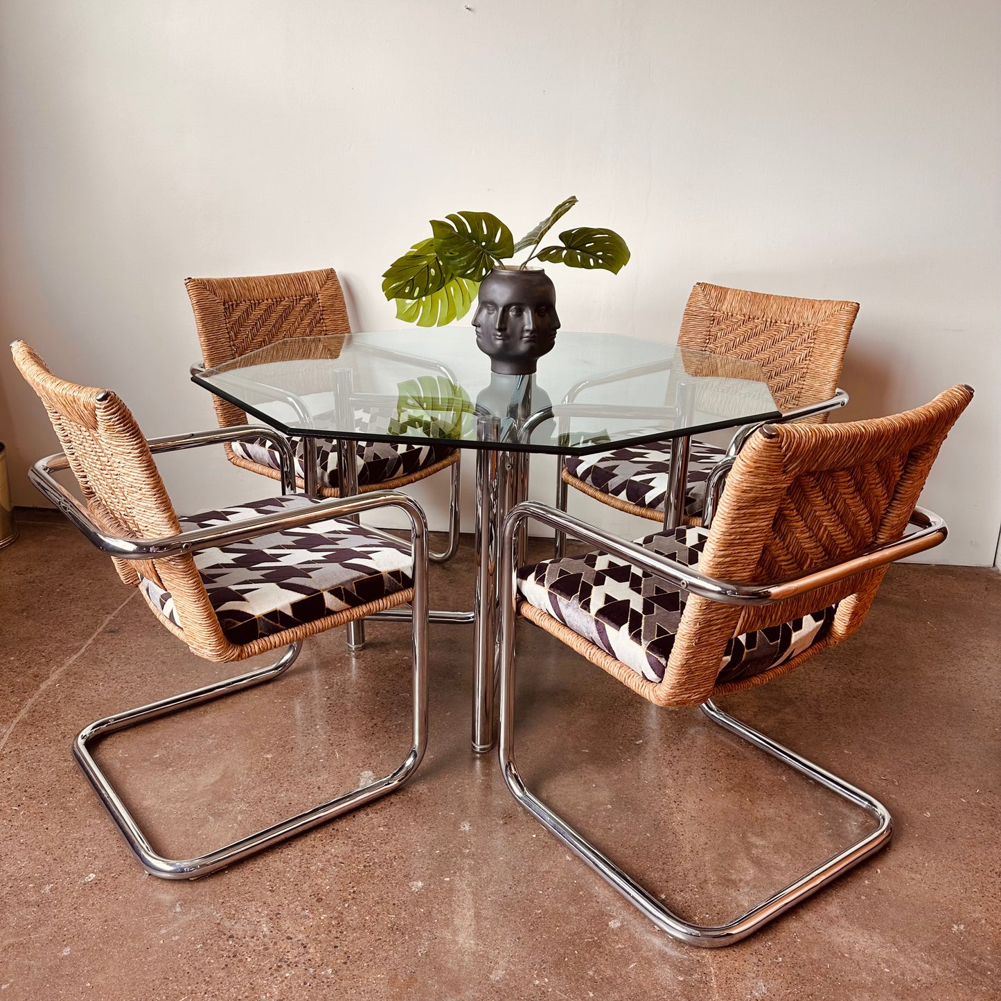 CHROMECRAFT RATTAN CHROME AND GLASS DINETTE SET