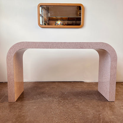 MAUVE FAUX BOIS BURLWOOD LAMINATE WATERFALL CONSOLE TABLE