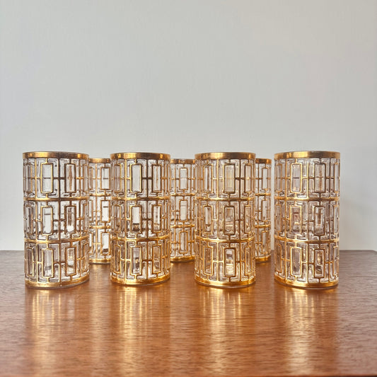 IMPERIAL GLASS 22 CARAT GOLD SHOJI TRELLIS GLASS SET OF 8 TUMBLERS