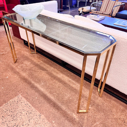 VINTAGE BRASS & BEVELED GLASS CONSOLE TABLE