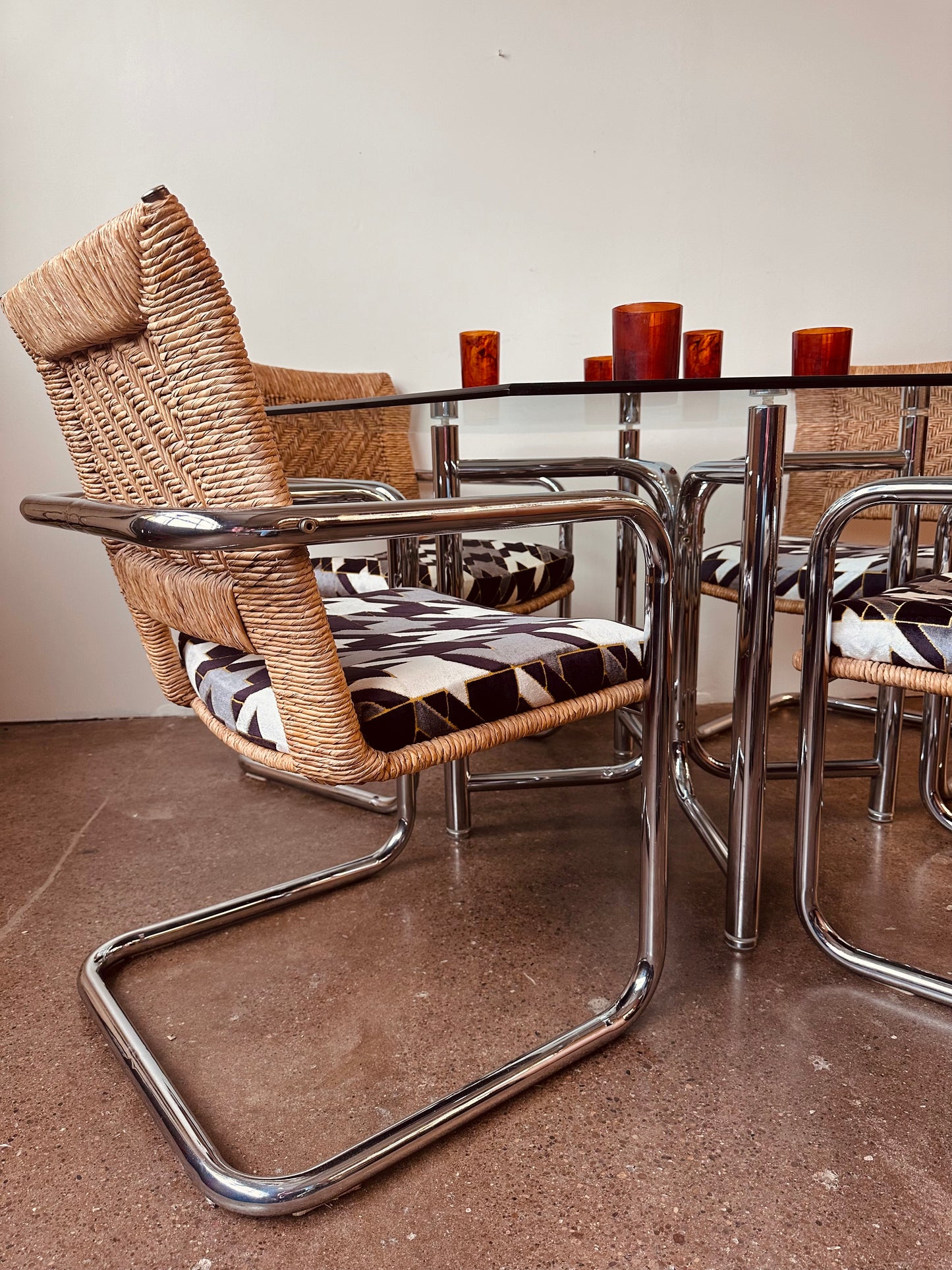 CHROMECRAFT RATTAN CHROME AND GLASS DINETTE SET