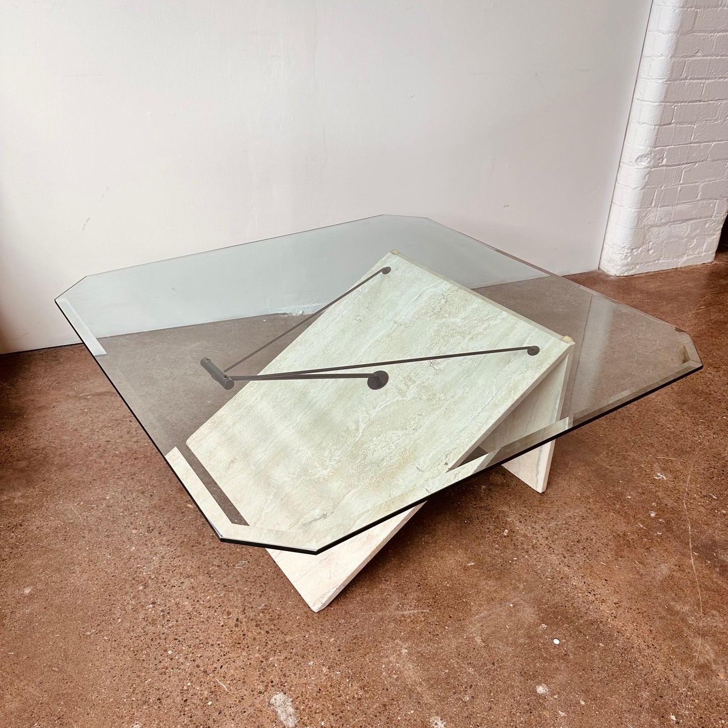 POST MODERN TRAVERTINE METAL AND GLASS COFFEE TABLE