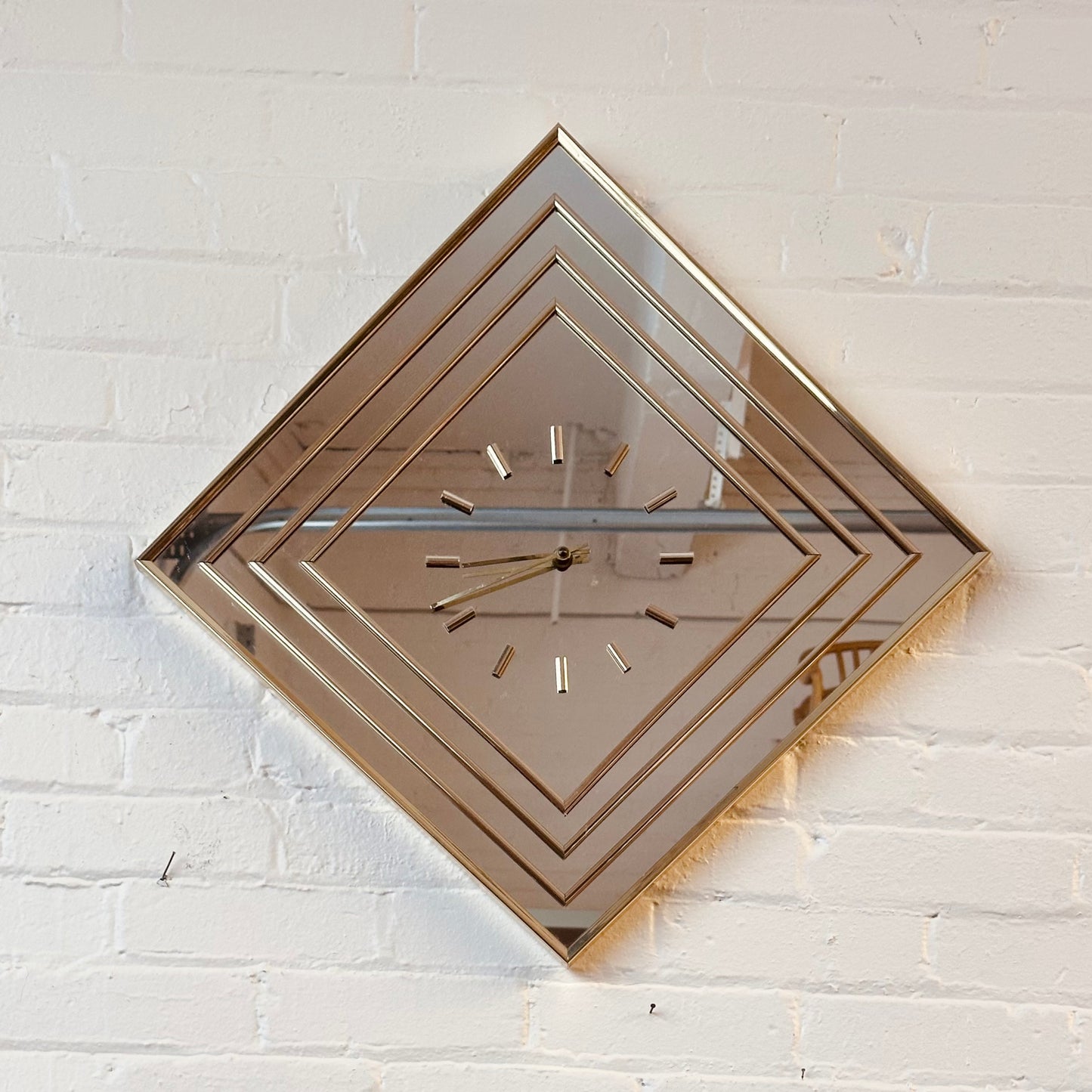 BRASS AND MIRROR DIAMOND WALL CLOCK