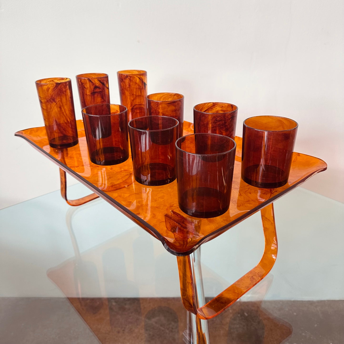 STOTTER MID CENTURY TORTOISE SHELL ACRYLIC TUMBLERS AND TRAY