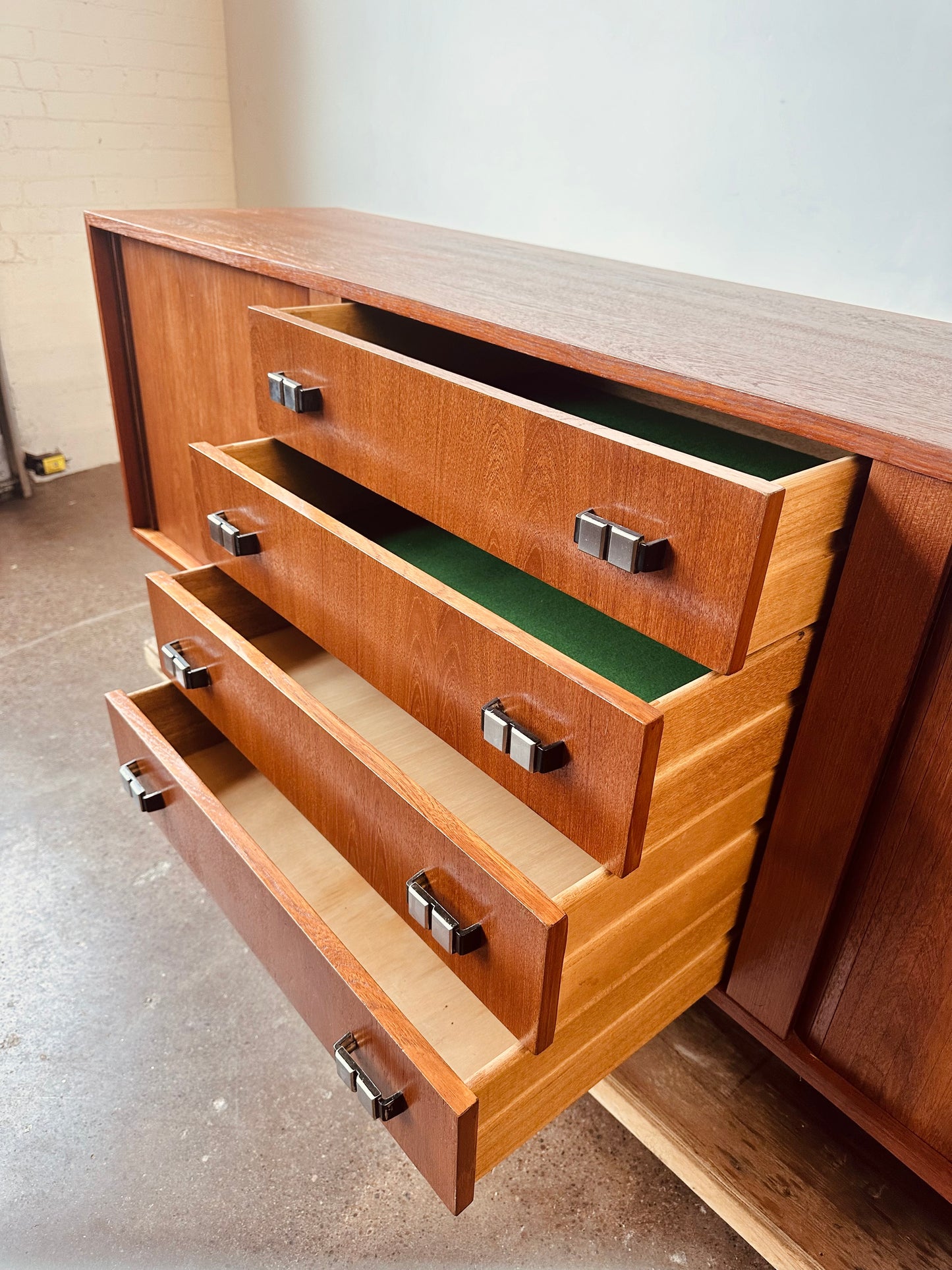 RS ASSOCIATES TEAK DOUBLE TAMBOUR DOOR CREDENZA