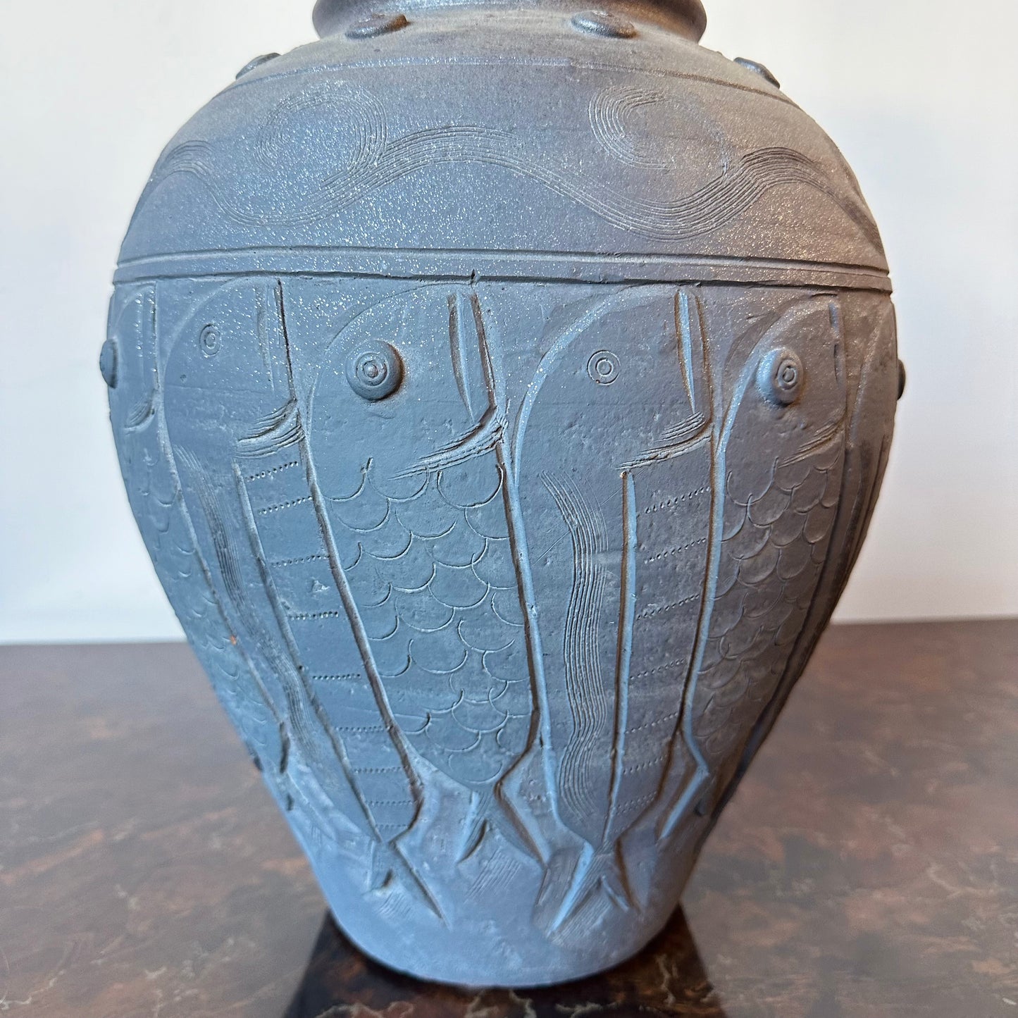 LARGE HANDTHROWN CARVED TERRACOTTA PESCE VASE