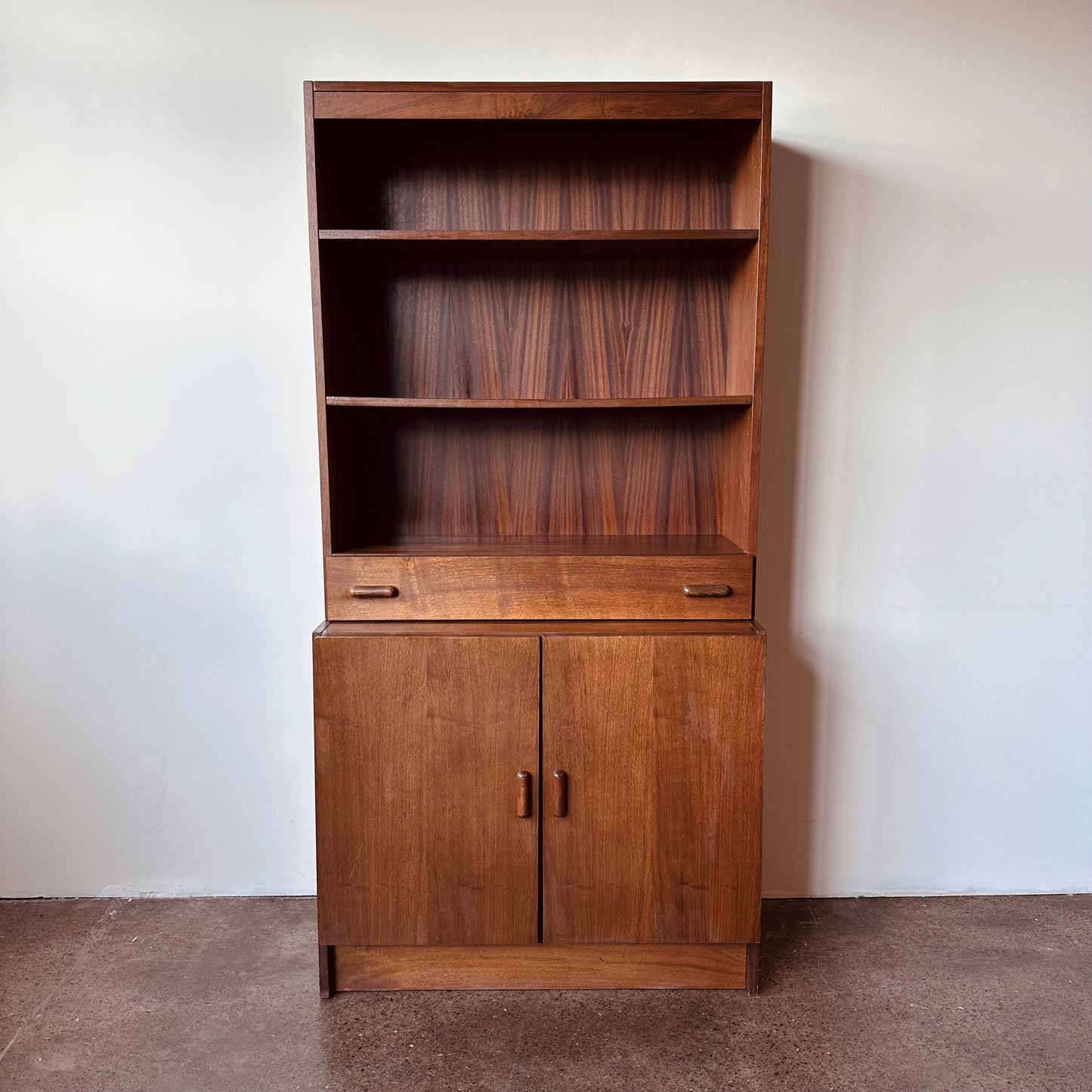 WALNUT TWO PIECE BOOKSHELF WITH DRAWER