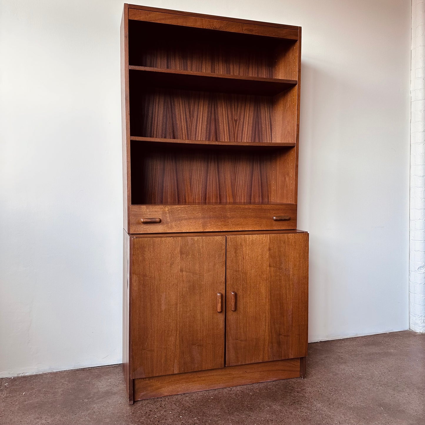 WALNUT TWO PIECE BOOKSHELF WITH DRAWER