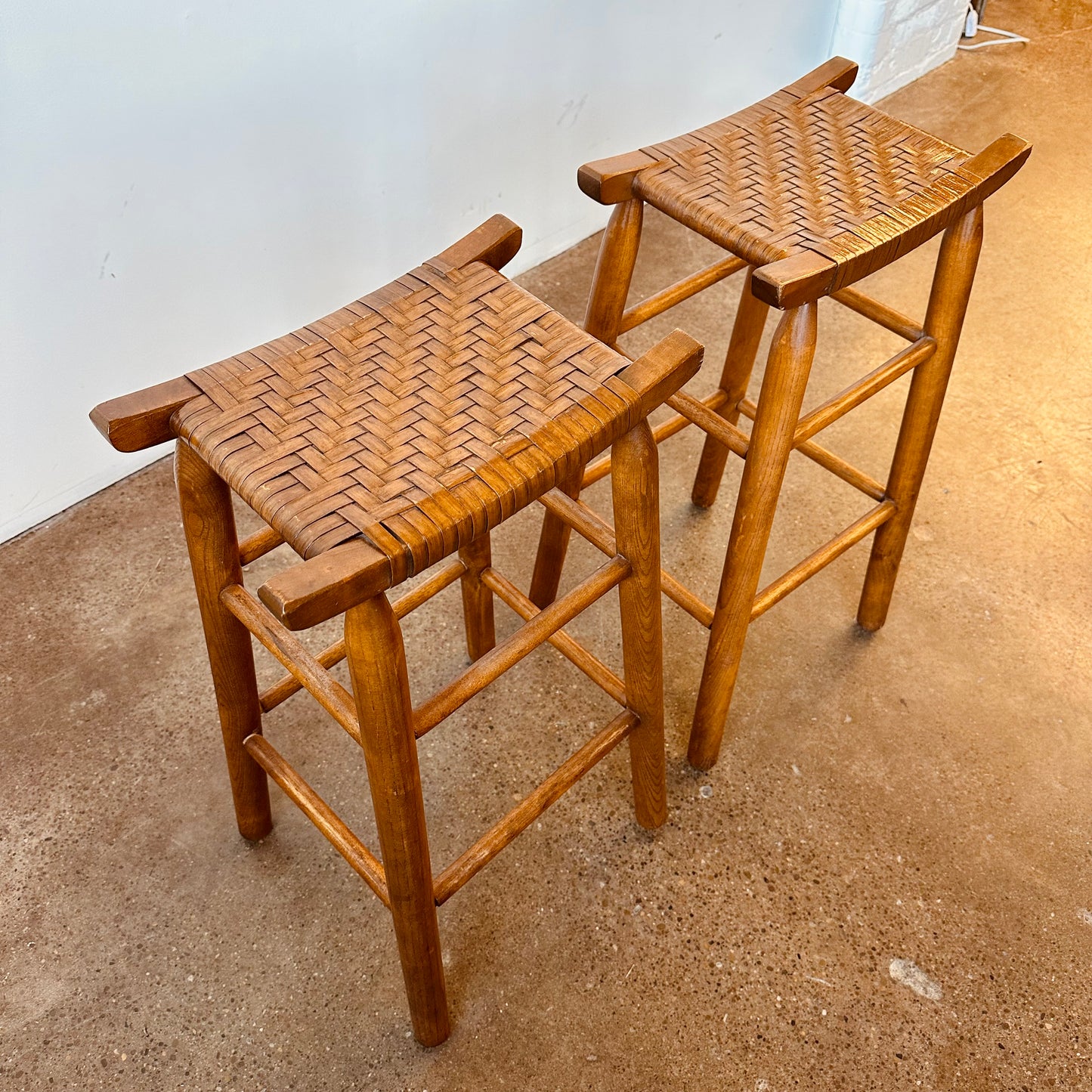 BACKLESS WOOD AND WOVEN RATTAN COUNTER STOOLS - A PAIR