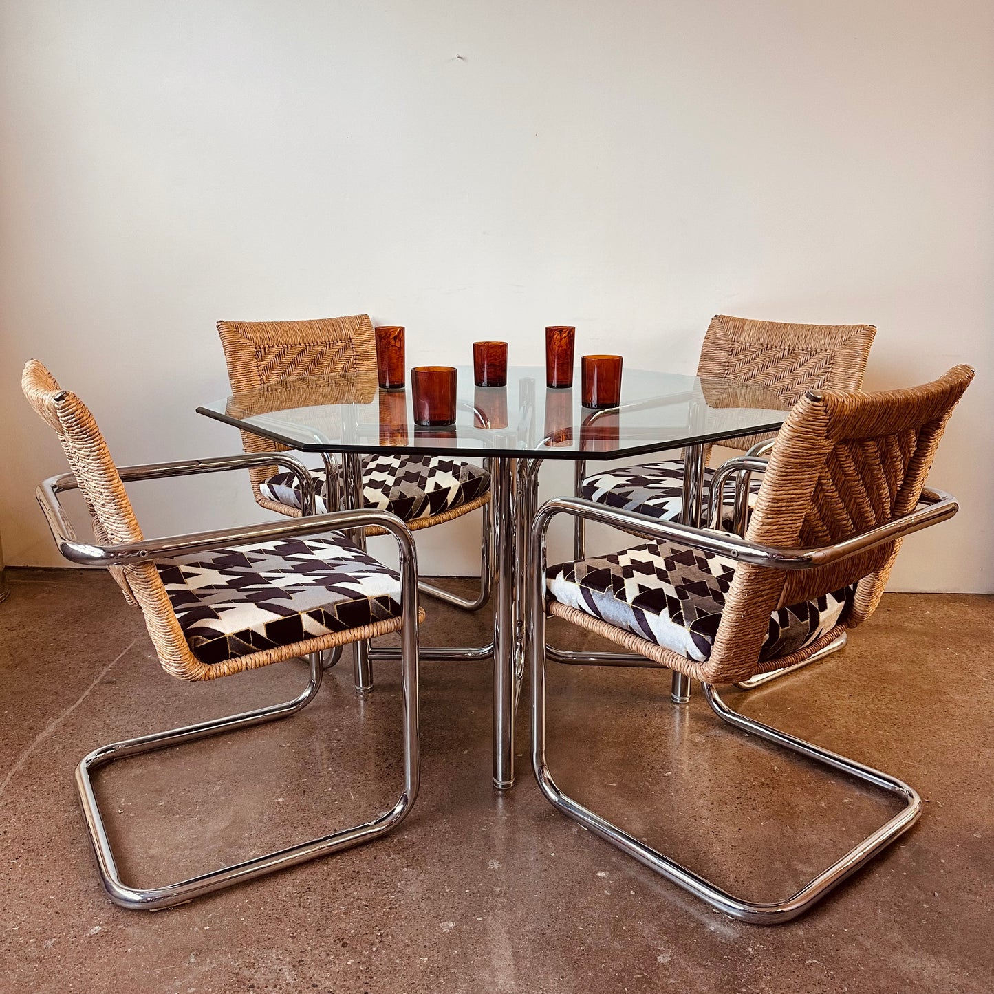 CHROMECRAFT RATTAN CHROME AND GLASS DINETTE SET