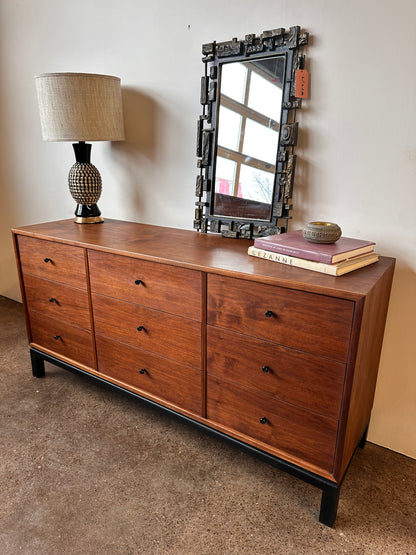 WALNUT 9 DRAWER DRESSER WITH BLACK BASE