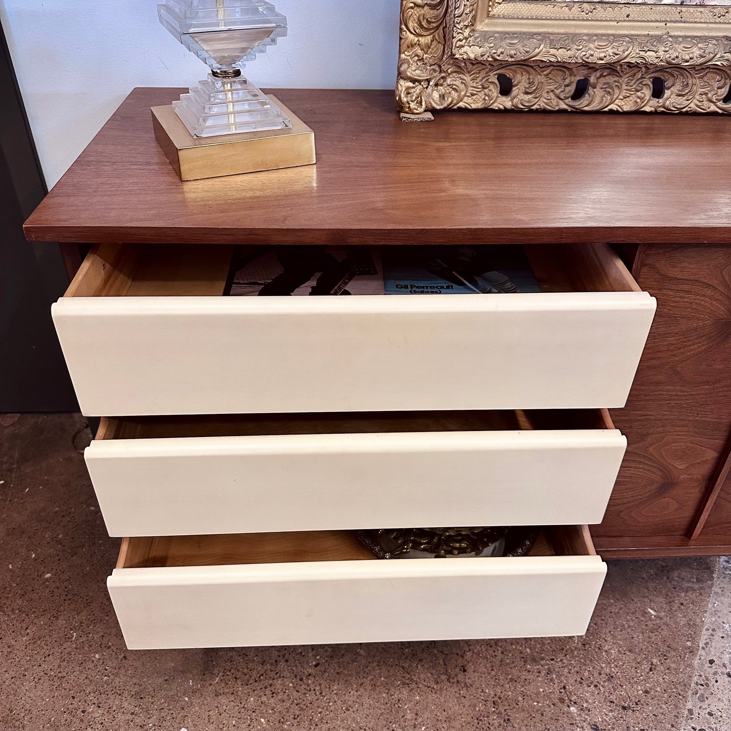 WALNUT BYPASS DOOR CREDENZA WITH DRAWERS