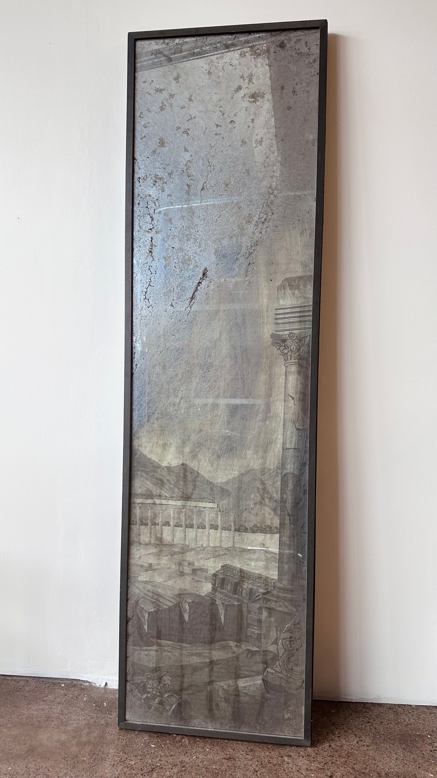 LONG ANTIQUED MIRROR WITH ROMANESQUE SCENE