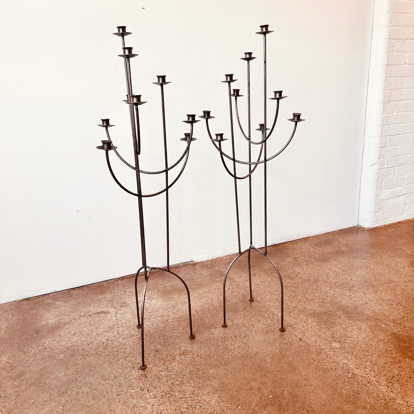 PAIR OF BRUTALIST 8 CANDLE HOLDER FLOOR CANDELABRA