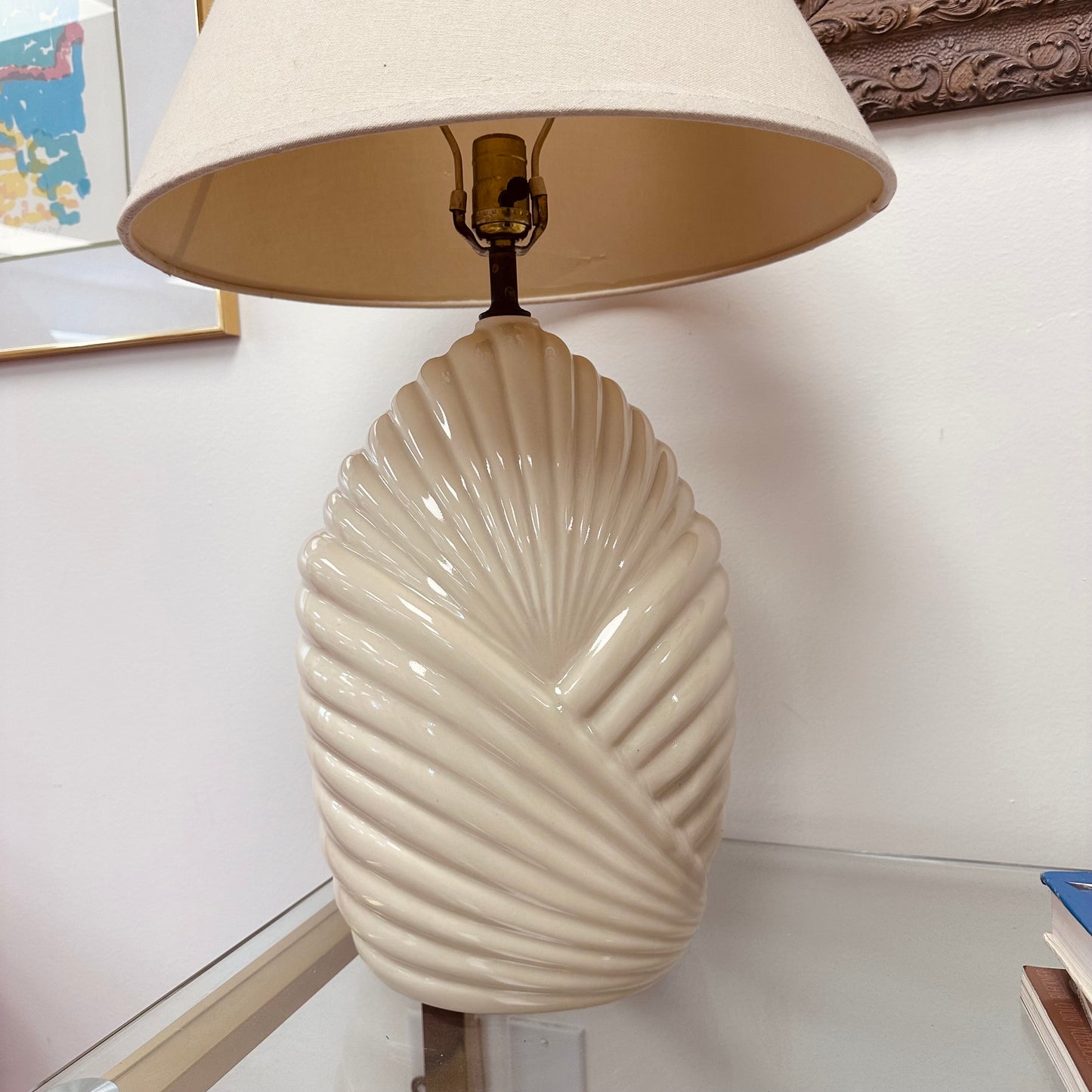 PAIR OF OFF WHITE RIBBED CERAMIC LAMPS
