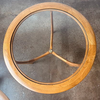 LANE CHESTNUT AND GLASS TOP TRIPOD SIDE TABLE