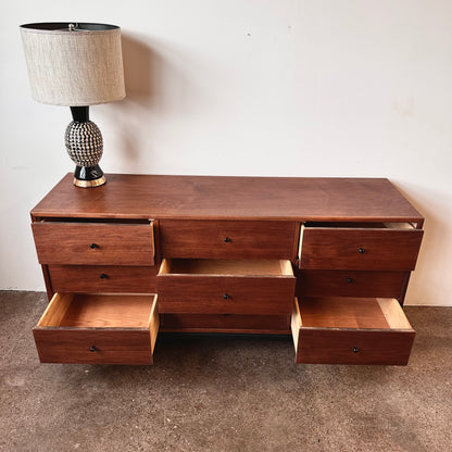 WALNUT 9 DRAWER DRESSER WITH BLACK BASE