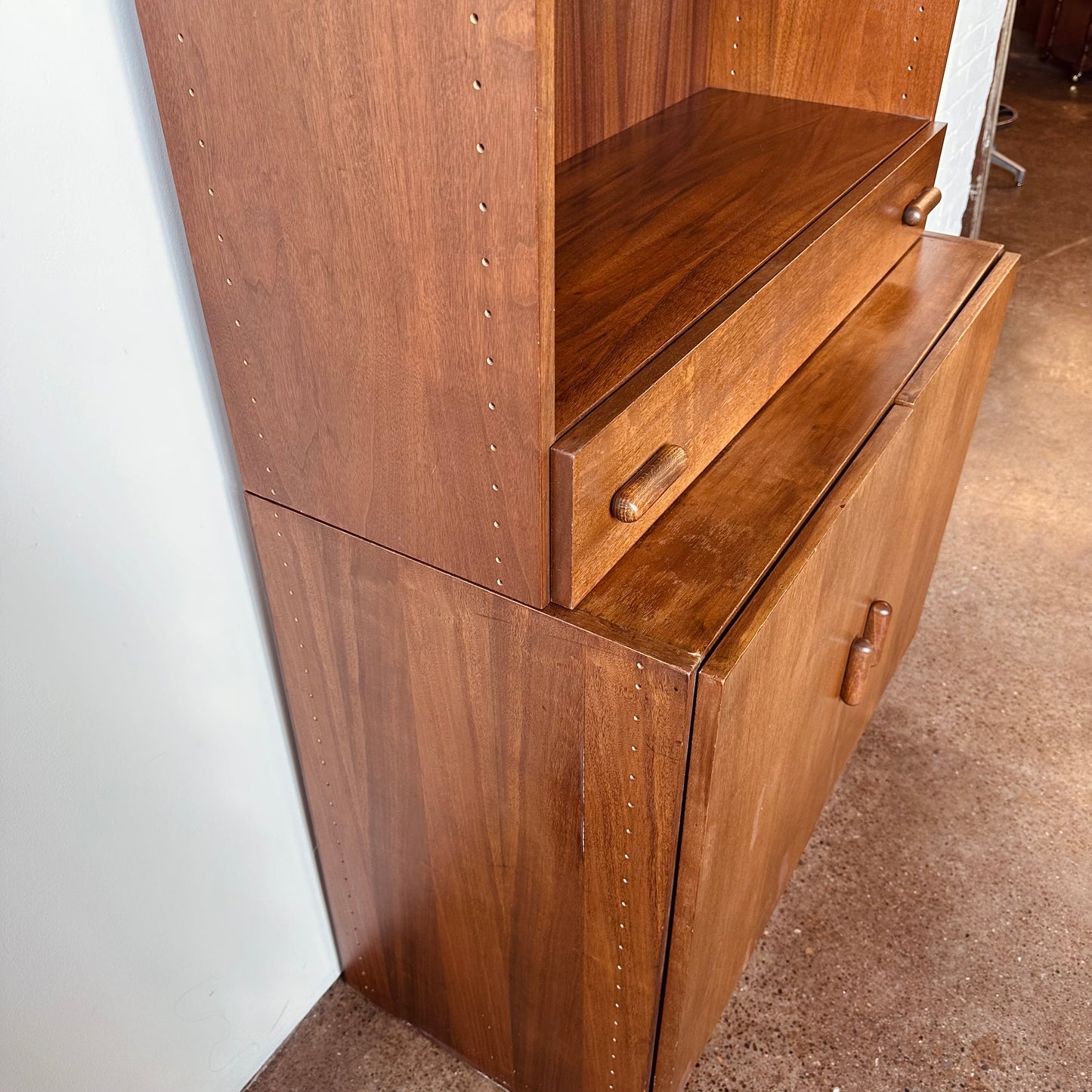WALNUT TWO PIECE BOOKSHELF WITH DRAWER