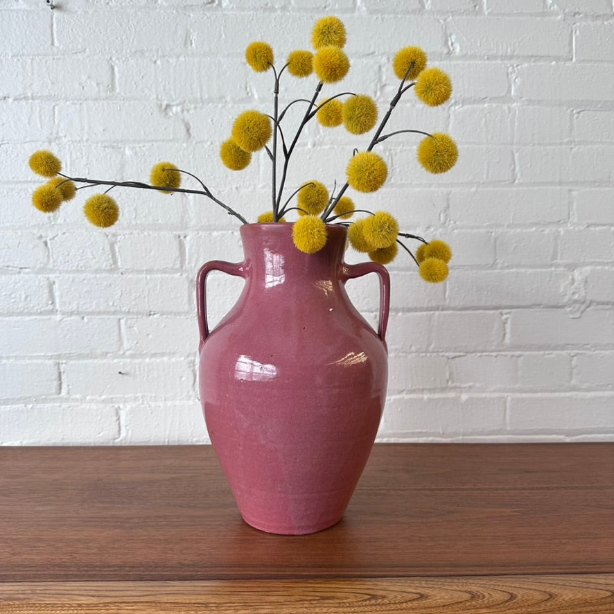 CERAMIC RASPBERRY PINK POTTERY VESSEL WITH HANDLES