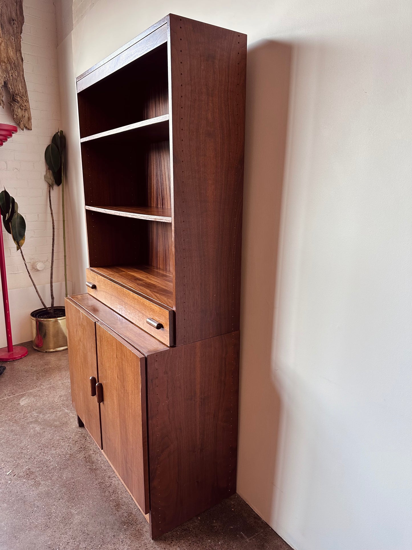 WALNUT TWO PIECE BOOKSHELF WITH DRAWER