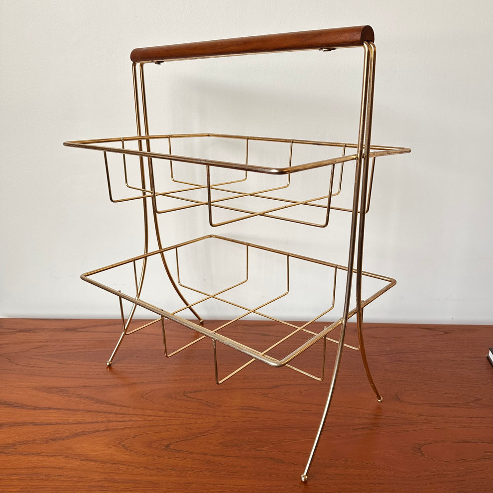 TWO TIER BRASS AND TEAK MAGAZINE RACK – MiMO Decor