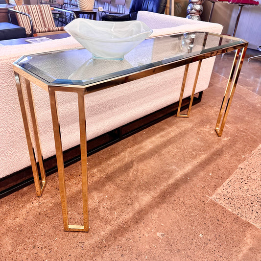 VINTAGE BRASS & BEVELED GLASS CONSOLE TABLE