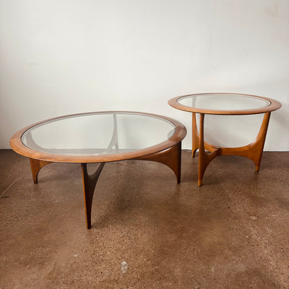 LANE CHESTNUT AND GLASS TOP TRIPOD SIDE TABLE