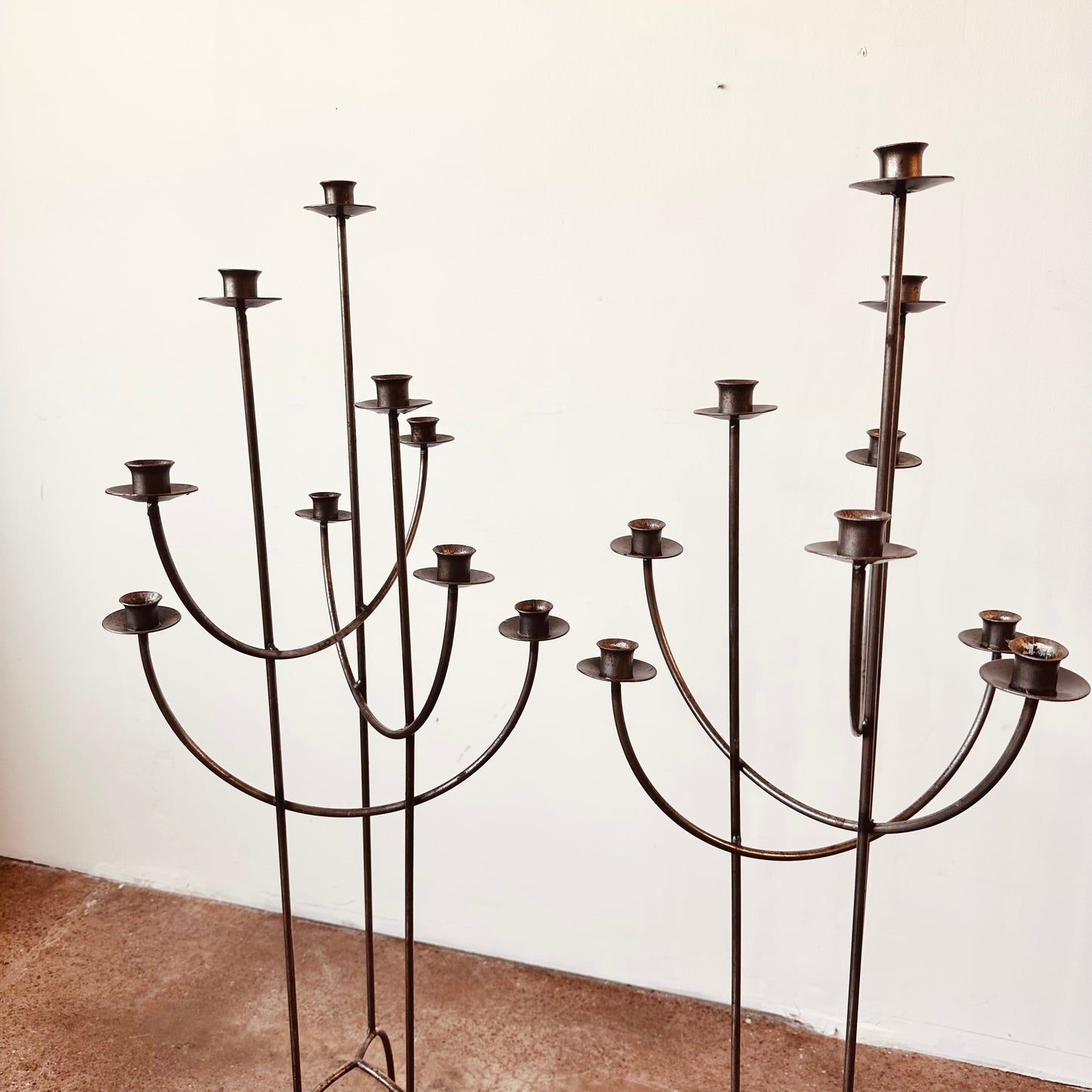 PAIR OF BRUTALIST 8 CANDLE HOLDER FLOOR CANDELABRA