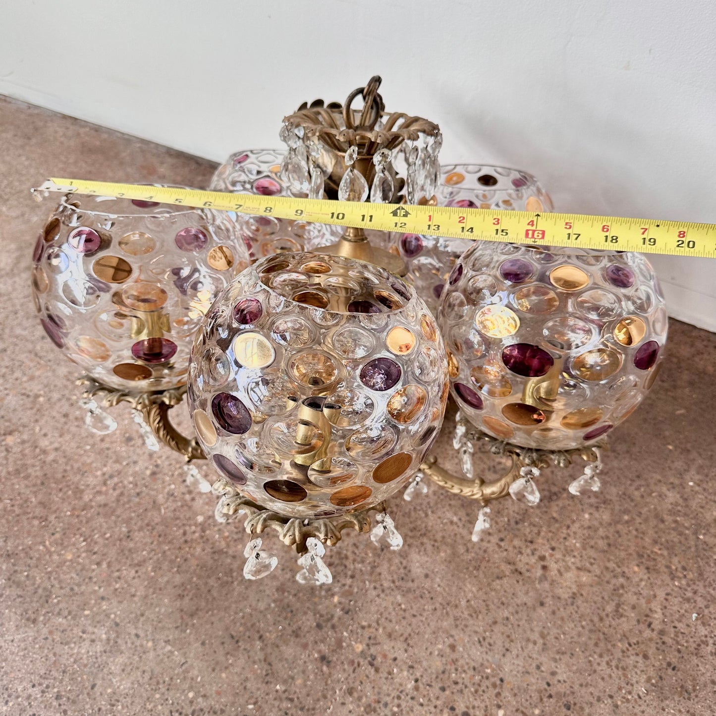 ANTIQUE CZECH BOHEMIA CRYSTAL GLASS COIN DOT 5 GLOBE BRASS CHANDELIER