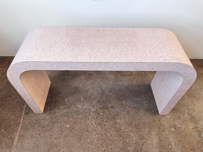 MAUVE FAUX BOIS BURLWOOD LAMINATE WATERFALL CONSOLE TABLE