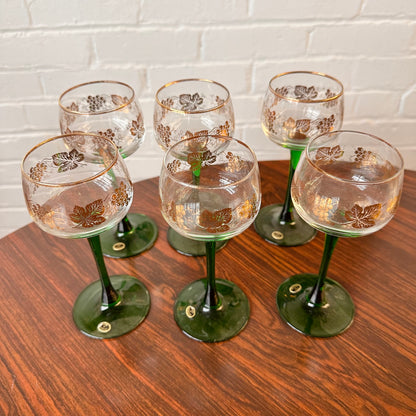 LUMINARC GREEN STEM GOLD GRAPES LEAVES WINE GLASSES SET OF 6