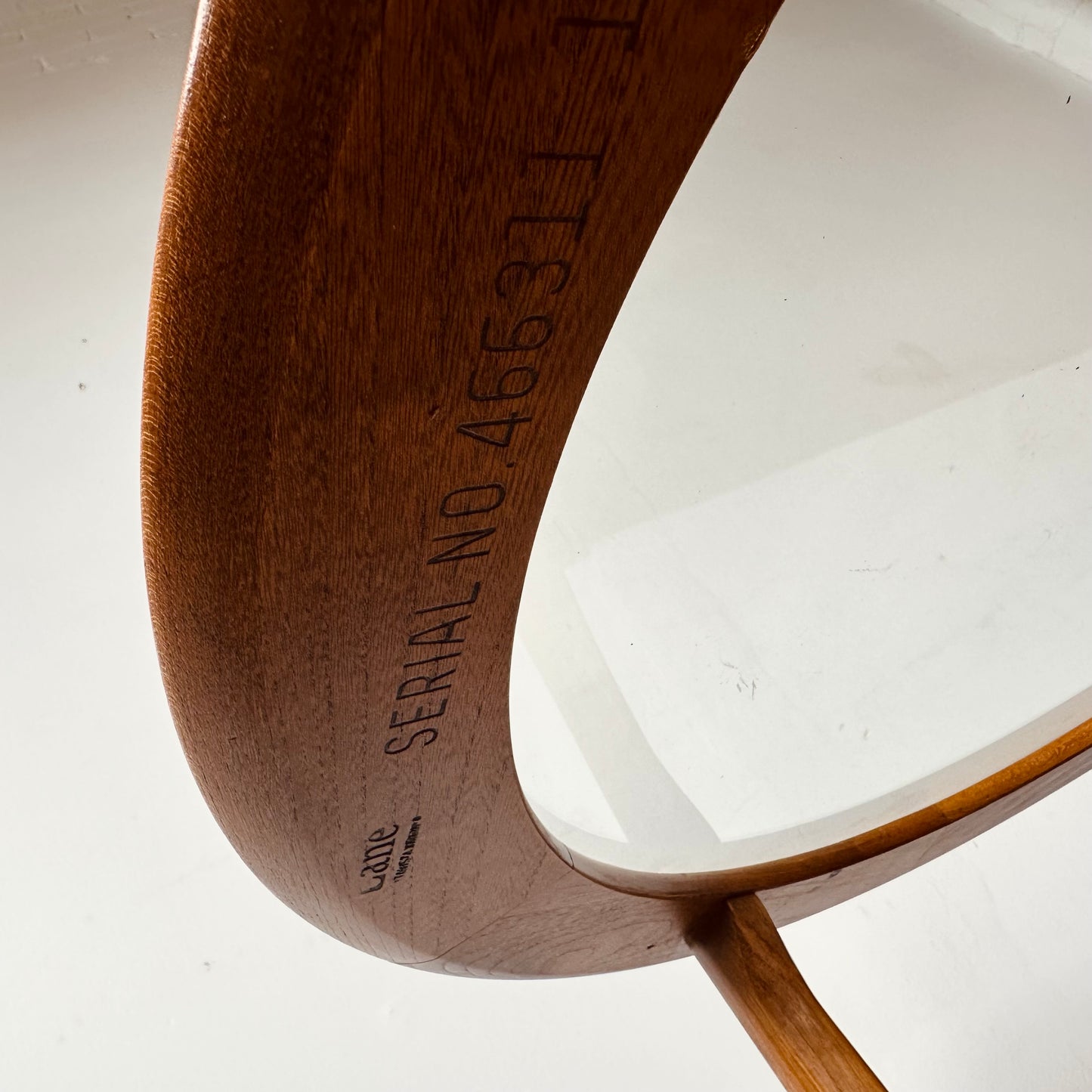 LANE CHESTNUT AND GLASS TOP TRIPOD SIDE TABLE