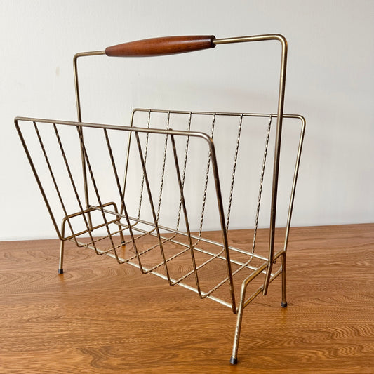 BRASS WIRE MAGAZINE RACK WITH TEAK HANDLE