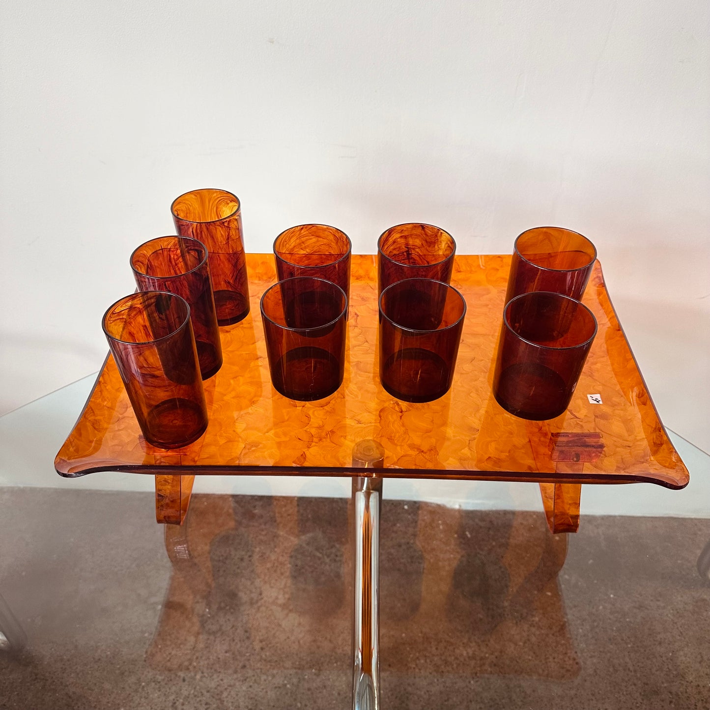 STOTTER MID CENTURY TORTOISE SHELL ACRYLIC TUMBLERS AND TRAY