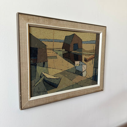 ABSTRACT EXPRESSIONIST HARBOR SCENE FRAMED ARTWORK
