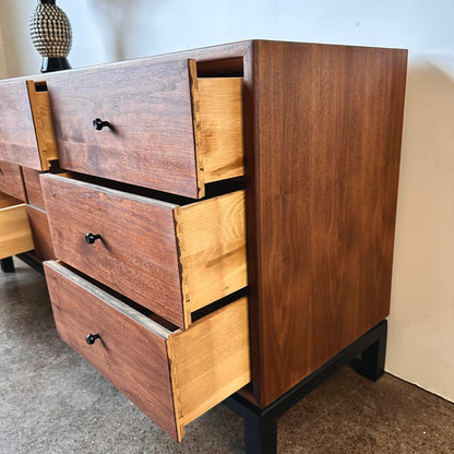 WALNUT 9 DRAWER DRESSER WITH BLACK BASE