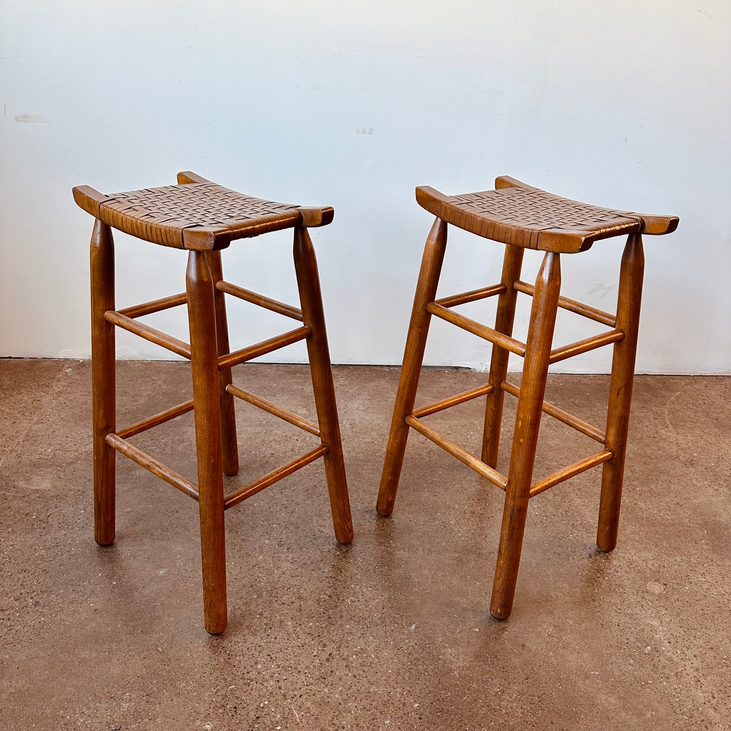 BACKLESS WOOD AND WOVEN RATTAN COUNTER STOOLS - A PAIR