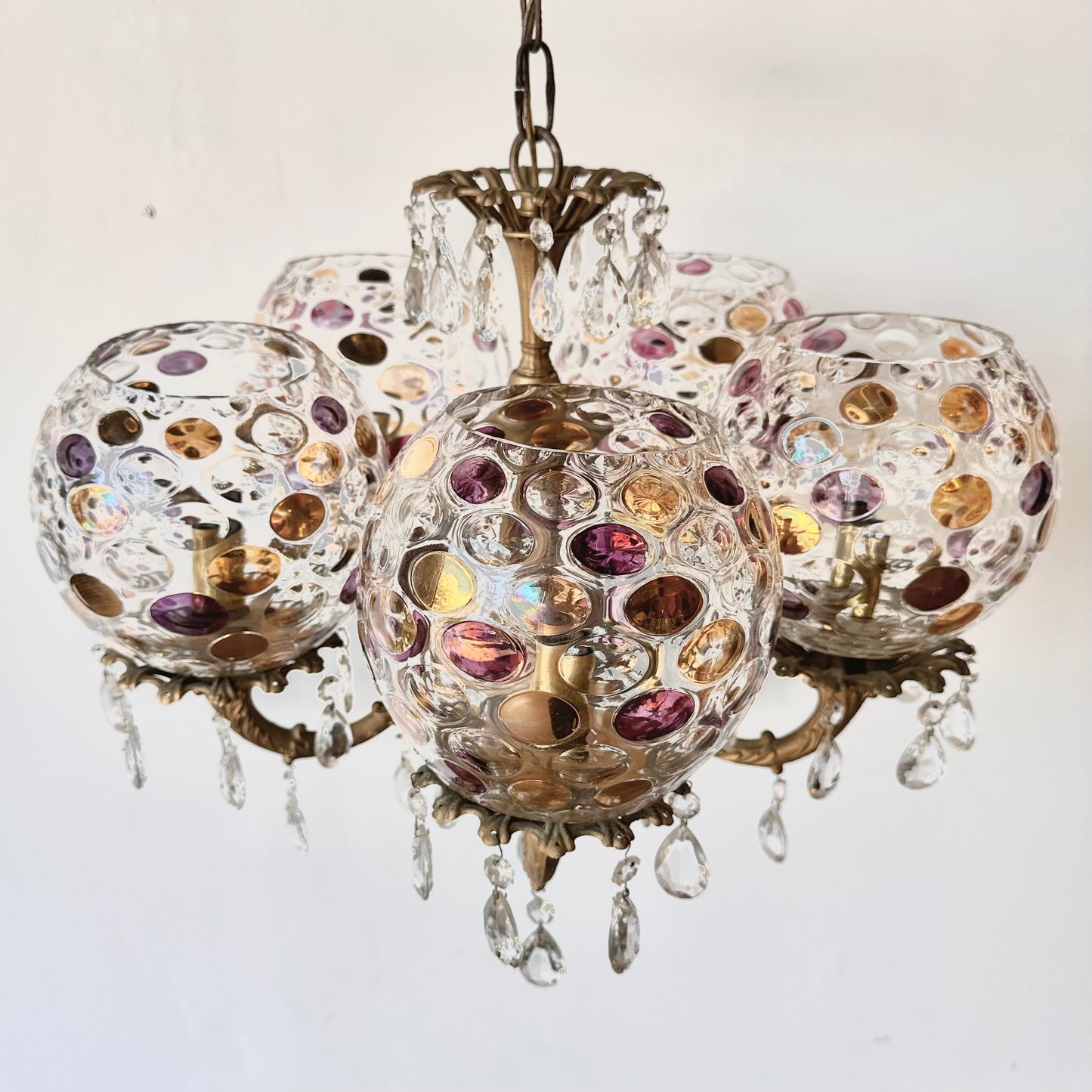 ANTIQUE CZECH BOHEMIA CRYSTAL GLASS COIN DOT 5 GLOBE BRASS CHANDELIER