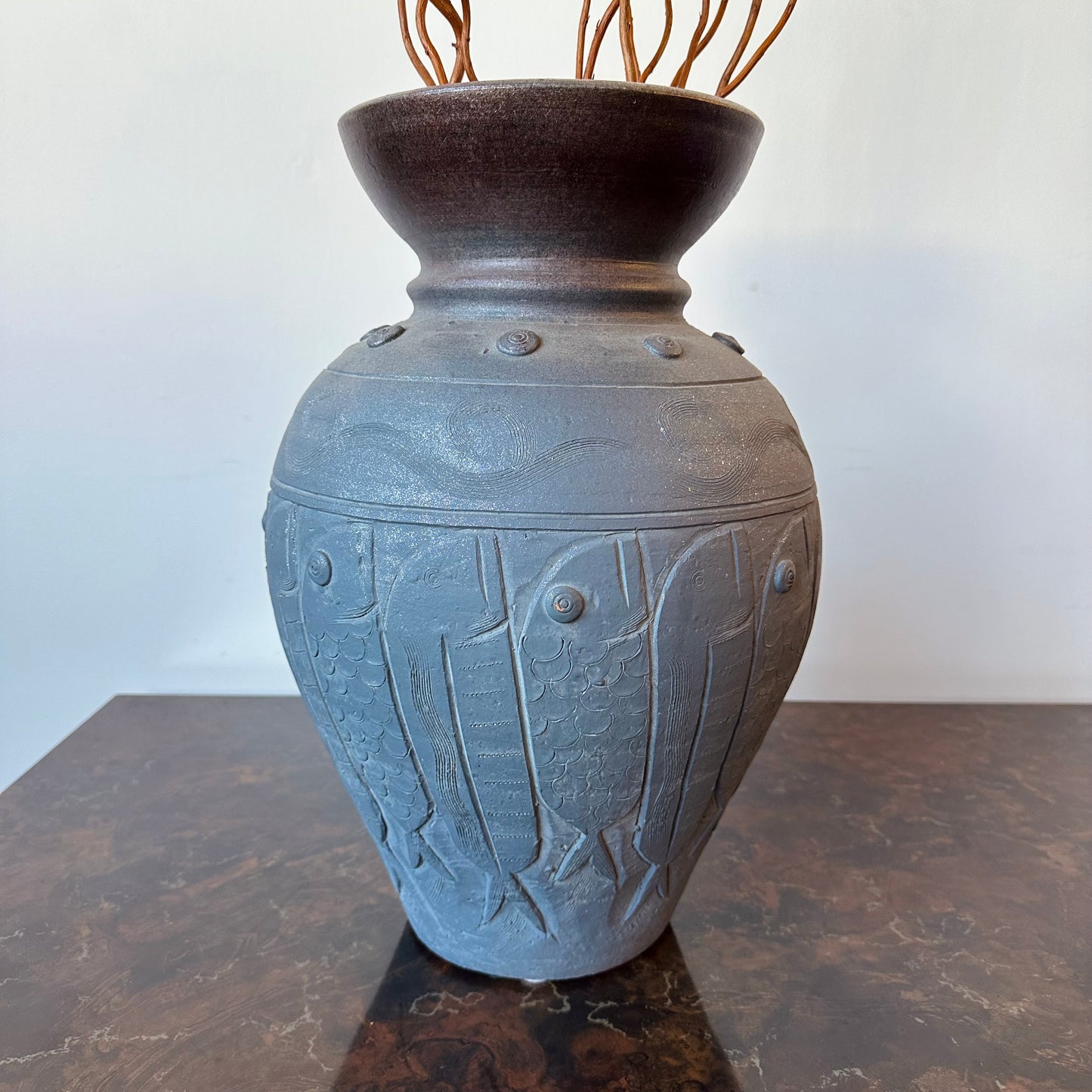 LARGE HANDTHROWN CARVED TERRACOTTA PESCE VASE