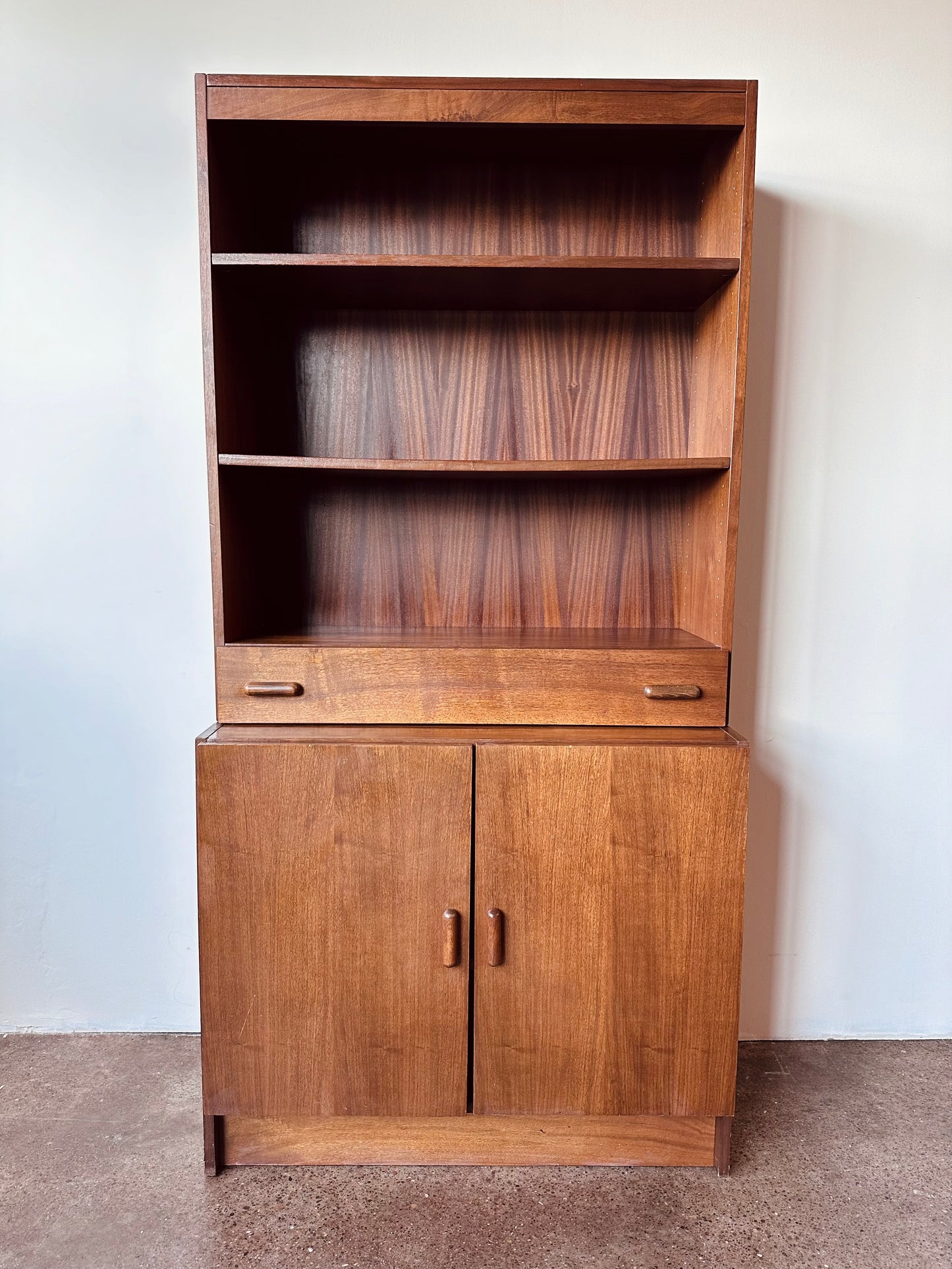 WALNUT TWO PIECE BOOKSHELF WITH DRAWER