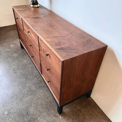 WALNUT 9 DRAWER DRESSER WITH BLACK BASE