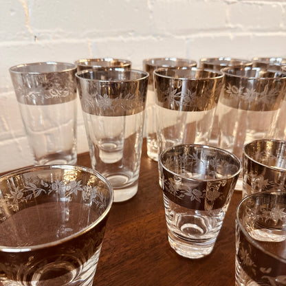DOROTHY THORPE THISTLE PATTERN SILVER RIM GLASSWARE - SET OF 30