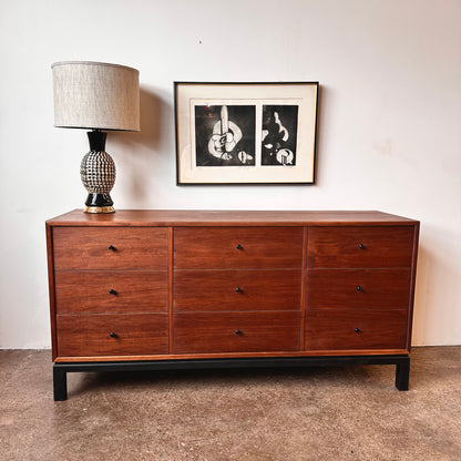 WALNUT 9 DRAWER DRESSER WITH BLACK BASE