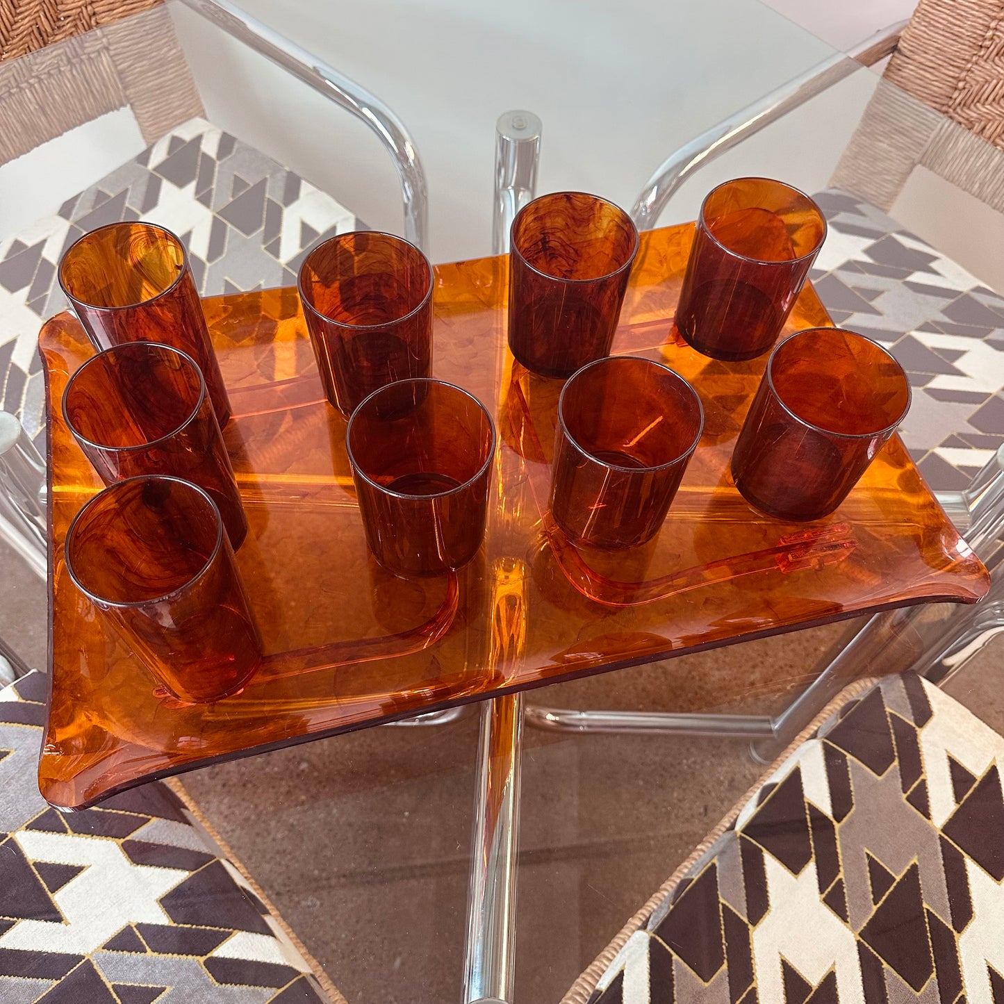 STOTTER MID CENTURY TORTOISE SHELL ACRYLIC TUMBLERS AND TRAY