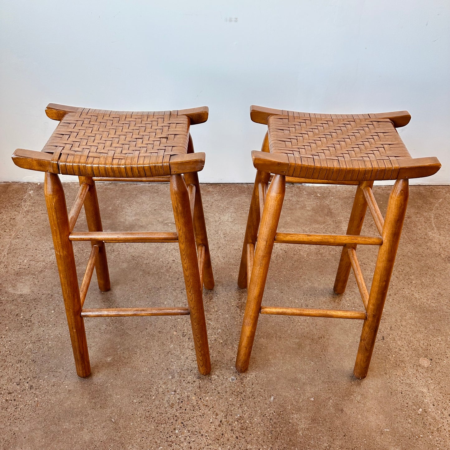 BACKLESS WOOD AND WOVEN RATTAN COUNTER STOOLS - A PAIR