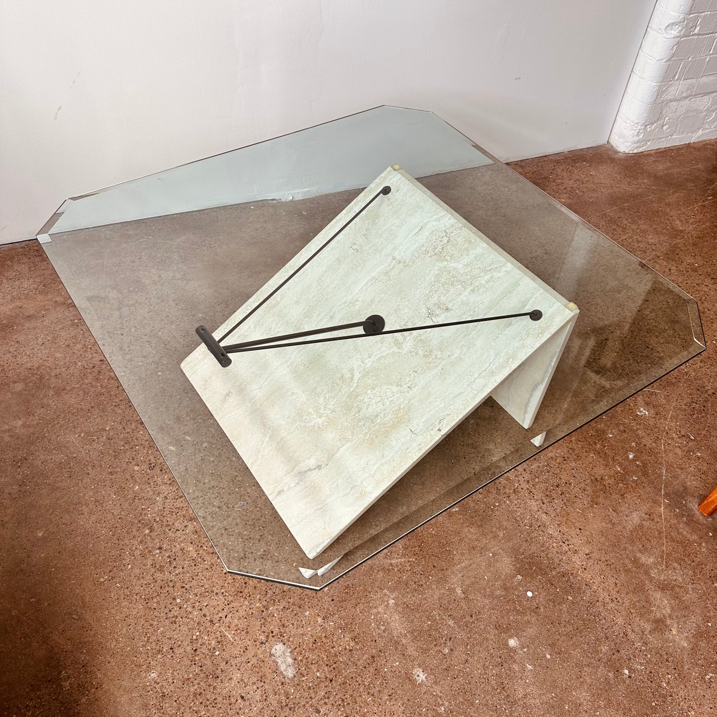 POST MODERN TRAVERTINE METAL AND GLASS COFFEE TABLE