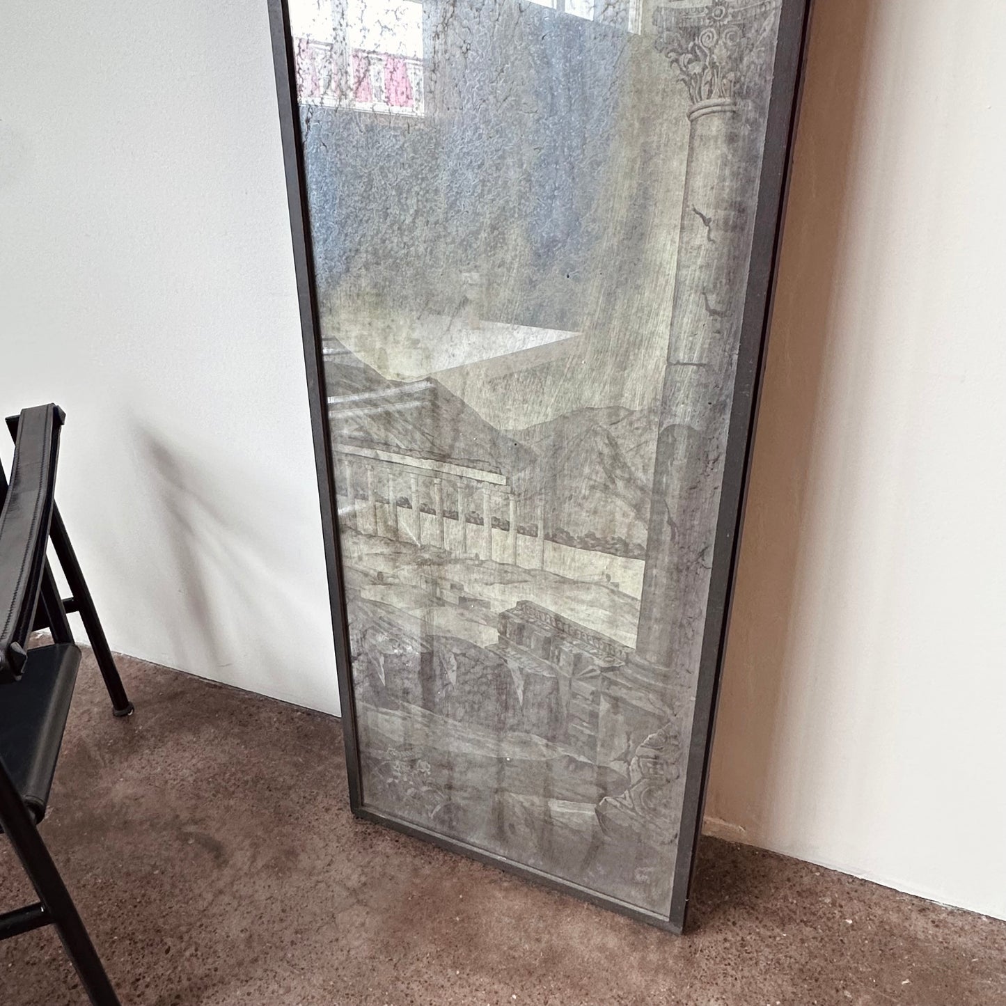 LONG ANTIQUED MIRROR WITH ROMANESQUE SCENE