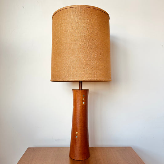 RARE TURNED TEAK AND CERAMIC MARTZ DOTS LAMP WITH SHADE